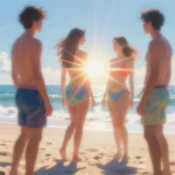 out of focus human figures on a beach, colourful, over exposed, bright sunlight