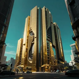 photo hyper realistic concept architecture arthouse solarpunk, style brutalism, gold and black turquoise ratio,, octane render excelent composition