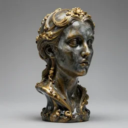 a scary dark fluid head golden gray fluid marble statue, very long, baroque, viktor antonov, sergey kolesov,