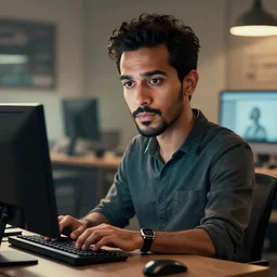 caricature portrait of Amir Arisun typing on a computer cinematic View Blacklist series amc by Sebastian Krüger