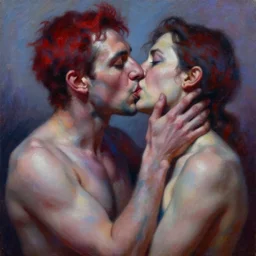 highly detailed and textured painting of a deformed anatomical portrait of kissing human pair, emotionally expressive, artistic pose, highly detailed impasto oil painting, soft light 1 6 k, red, blue, and purple colour palette, cinematic composition, cinematic lighting, sharp focus, masterpiece by adrian ghenie and jenny saville,