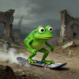 pepe the frog snowboarding, gloomy landscape, ruins, painted by christopher radlund