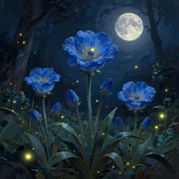 beautiful digital matter cinematic painting of whimsical botanical illustration blue flowers moon fireflies tenchanted dark background, whimsical scene by alex grey artstation