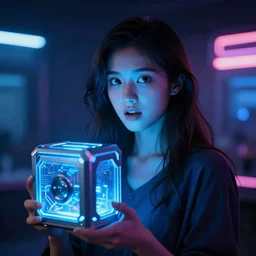 portrait of a pretty girl holding a a futuristic metallic box that emits an intense blue light, looking surprised at camera. neon lights, Bokeh, Graflex