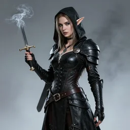 Portrait of a female Elf Rogue named \'Mistress of Death\', high fantasy, epic, black leather armor, dagger, smoke, by artstation, trending, artstationHD, artstationHQ, cgsociety, octane, ultra HD, 8k