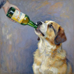 a painting of a dog drinking beer out of a bottle, drawn by claude monet