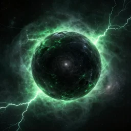 a hyper realistic black sphere surrounded by green lightning and mist in the middle of the galaxy