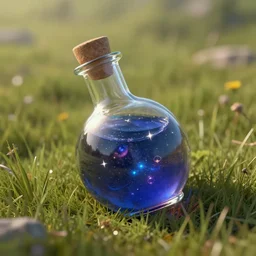 a celestial potion inside a glass vile laying in a field , Fantasy, object, highly detailed, unreal engine 5, trending on artstation