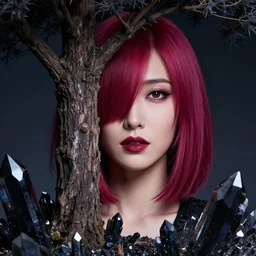 a highly detailed image of A beautiful woman, in professional makeup, with medium length magenta hair covering an eye, and a tall tree, and large obsidian crystals, cinematic lighting, dramatic atmosphere, by Dustin Nguyen, Akihiko Yoshida, Greg Tocchini, Greg Rutkowski, Cliff Chiang, 4k resolution, trending on artstation