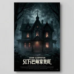 a creepy house in the middle of a foggy night, poster art by john carpenter, shutterstock contest winner, gothic art, movie poster, horror film, gothic