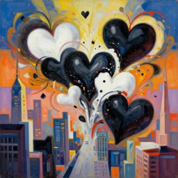 a collision of exploding black hearts and white hearts in surreal abstract form of a cityscape, vivid vibrant geometric art nouveau. trending on pixiv and artstation. an absurdly detailed oil painting