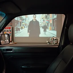 fuji 5 0 r, 3 5 mm ; monaco film still of beetle style car interior with front seat side window view ; in background a projection of beautiful hyperrealistic film still from matrix ( 1 9 9 0 ) sentinel scene directed by wachowski with a street in style of 1 9 9 0 s frontiers in miniature porcelain kintsugu design magazine seinen manga edition, real - life seinen manga porcelain sci - fi font izakaya sign, highly detailed, cinematic lighting, 8 k