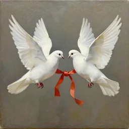 oil on canvas, two white doves in a flight, facing each other holding ribbon together