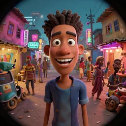 3 d vfx - caricature art of a bustling neon lit ajegunle slum in nigeria, unreal engine render, digital illustration, illustration style by mike winkelmann, sharp, intricate detail, volumetric light, ray tracing, soft light, colourful, vivian maier photo, claymation, fish eye lens, first person view, acrylic, cinestill 8 0 0 t,