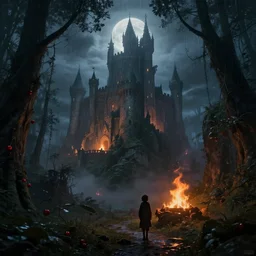 stormy night, created by jan urschel and sylvain sarrailh, in the misty moonlight, in the mysterious fantasy forest canyon, a huge medieval fairy castle with bright fire, realistic matte painting, cherry, concept art, western magic forest, trending on artstation