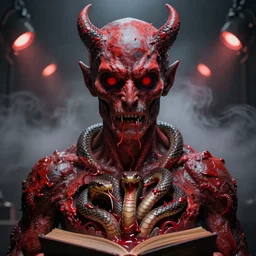 lord loss, king of hell, book portrait, pale red, lumpy skin, he has an open hole in his chest filled with deadly venomous snakes. he has very dark - red eyes with even darker red pupils. symmetric lights and fog, in the style of zdzislaw beksinski, glowing light and shadow, hyperrealist, 8 k