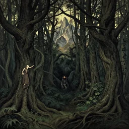 dense ancient forest, artstation, by aubrey beardsley, by caspar david friedrich, by laurie lipton, by kay nielsen, by ivan shishkin, calligraphy, divine, paradox, gnarly trees, terrifying, witchcraft!, hope, mountains background