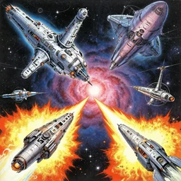 illustrated by moebius and greg rutkowski, giant spaceships battle!!!, flash explosions, orbital station, nebulae, starry sky, rule of third!!!, vintage cover of sci - fi magazine