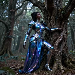 hyperrealistic post - raphaelite super expressive! black woman with exoskeleton armor, merging with tree in a forest, highly detailed digital art masterpiece smooth cam de leon eric zener dramatic pearlescent blue purple light ground angle hd 8 k sharp focus
