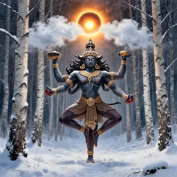 ivan shishkin style nataraja dancing in a winter birch grove and raising snow clouds during a solar eclipse, visionary art style
