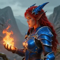 sideview of a dnd dragonhunter in the mountains, female, draconic blue armor, red hair, pretty, fire, brown skin, high fantasy, detailed face, highly detailed, sharp focus, smooth, digital illustration, by clyde caldwell