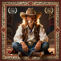 scruffy cowboy sitting cross legged, persian folkore artstyle, calligraphy border