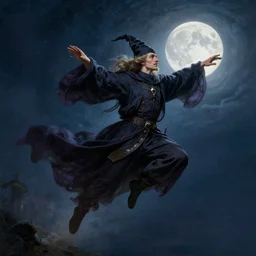 attractive male wizard magically floating and flying high in the night sky, fantasy, full moon in background. highly detailed painting by gaston bussiere, craig mullins, j. c. leyendecker, mid shot, 8 k