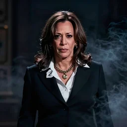 Kamala Harris as cruella devilla, 8k, Disney, professional photography, cinematic shot, dark, smoke