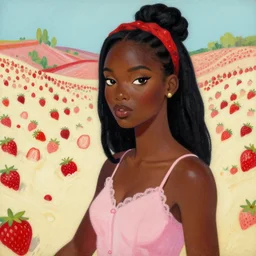 black - skinned princess of the strawberry cream valley. this heavily stylized gouache painting by an indie comic artist has interesting color contrasts, plenty of details and impeccable lighting.