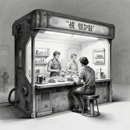 sadie sink as a miner inside a minimalist steampunk automated kiosk booth considers food options to choose from. small room. wide angle lens. black and white, pencil and ink. scifi cyberpunk. by gabriel hardman, joe alves, chris bonura. cinematic atmosphere, detailed and intricate, perfect anatomy