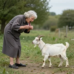a bizarre image of an old woman opening her throat and a goat walking into it