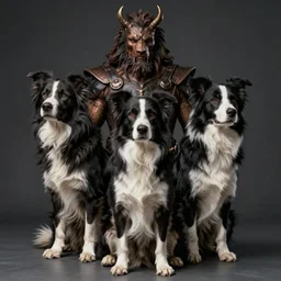 portrait of a sitting Cerberus three headed border collie in the style of hades