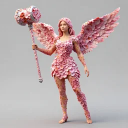 a girl with wings made of petals, she is holding a mace, concept art by muggur, white dress, artstation contest winner, fantasy art, concept art, 2 d game art, tarot card