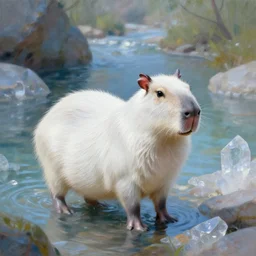white capybara at a crystalline valley, surreal photography, volumetric light, impressionist painting, digital painting, artstation, kilian eng, john harris, bastien lecouffe - deharme, simon stalenhag
