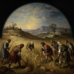 medieval peasants harvesting crops on exoplanet, baroque landscape painting, detailed octane render trending on artstation artgerm, 8 k artistic photography, volumetric cinematic perfect light, chiaroscuro, masterpiece, raphael, caravaggio, beksinski, rutkowski, giger