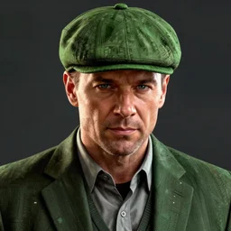 portrait kevin mckidd, green flat cap and gilet suit, gta v cover, marvel comics, dark, intricate, highly detailed, smooth, artstation, digital illustration