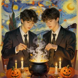 painting of young cute handsome beautiful dark medium wavy hair man in his 2 0 s named shadow taehyung and cute handsome beautiful min - jun together at the halloween! party, bubbling cauldron!, candles!, smoke, autumn! colors, elegant, wearing suits!, clothes!, delicate facial features, art by alphonse mucha, vincent van gogh, egon schiele