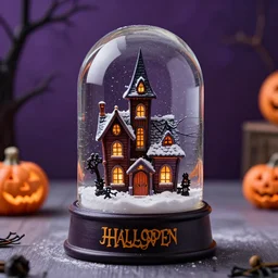 a hyper realistic photo of a halloween snow globe with a miniature haunted house, 8 k photograph