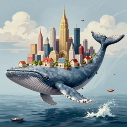 city on the back of a huge whale. little houses on the back of a whale. empire. high detail. deharme lise. zatzka hans. aivazovsky. trending on artstation
