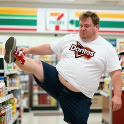 photo of slightly overweight man being kicked out of a 7 - 1 1 for his terrible t - shirt, with stomach hanging out of the t - shirt, holding a bag of doritos