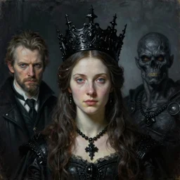 The portrait of Lady in black wax crown by Beksinski, Alex Grey, Aron Wiesenfeld and Giger, dark fantasy, witcher, very detailed oil painting in the alla prima style, masterpiece, 8k