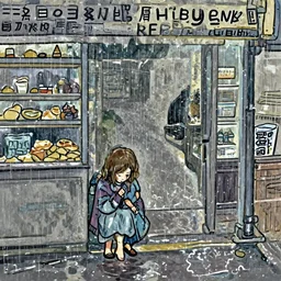 sad young girl, in the rain outside of a bakery, begging for food. depressed, dreary, grays and blues by thomas kinkade