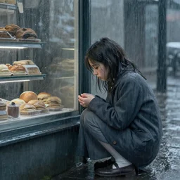 sad young girl, in the rain outside of a bakery, begging for food. depressed, dreary, grays and blues by thomas kinkade