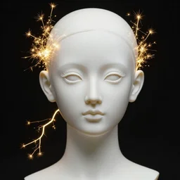full head and shoulders, beautiful porcelain female person, smooth, delicate facial features, white detailed eyes, white lashes, large electrical gold sparks, glowing lightening, on black background, by daniel arsham and james jean