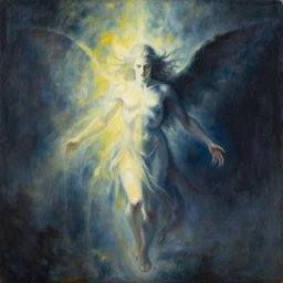 evil and badness attack the celestial being from one side, but from his other side emerges light and life. the celestial being is a conduit | painting by craig mullins