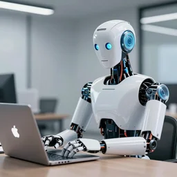 beautiful robot works in front of a laptop
