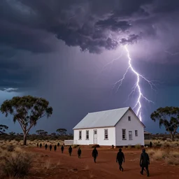 massive australian thunderstorm with lightning around a small white wooden church in the outback. a multitude of shadowy creatures are approaching the church. 4 k