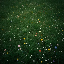 a wide angle photograph of a meadow full of colourful flowers, green grass, intricate detail, cinematic lighting, DSLR