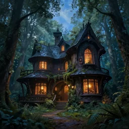 hyper realistic witchy modern gothic house with mood lighting and tech in the woods gorgeous lighting, sunbeams blue sky, highly detailed, lush forest foliage painting by zdzisław beksinski and norman rockwell and greg rutkowski weta studio, and lucasfilm