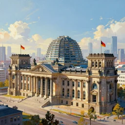 futuristic cyberpunk reichstag Germany, futuristic digital painting, concept art, skyline in back, in the style of Ralph Mcquarrie, warm lighting, trending on artstation, high detail, sci fi, bright colours, vivid colours